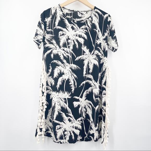 BEACH COVERUP From Thailand Fringe Pom Pom Side Slits B&W Swim Pool Sexy Small - Picture 1 of 9